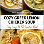 Bowl of Greek chicken soup with rice, lemon slices, and herbs from Healthy Greek Soup Recipes.